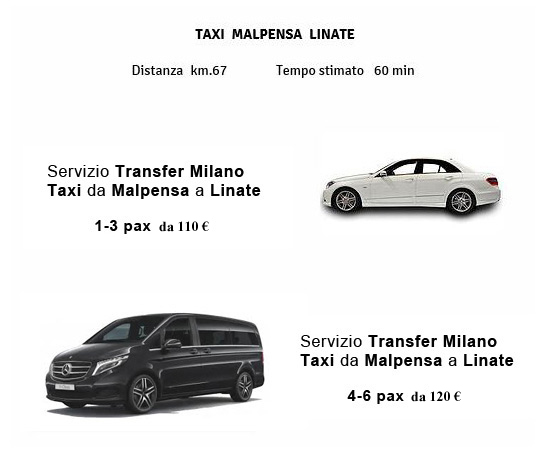 Servizio taxi malpensa - linate da 95 euro a 110 euro